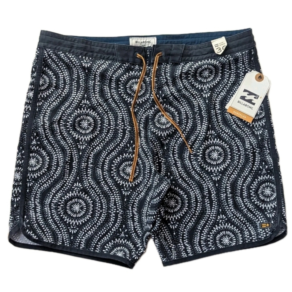Billabong Surf Plus Lay Backs Board Shorts Blue White Print Size 36 Short Length